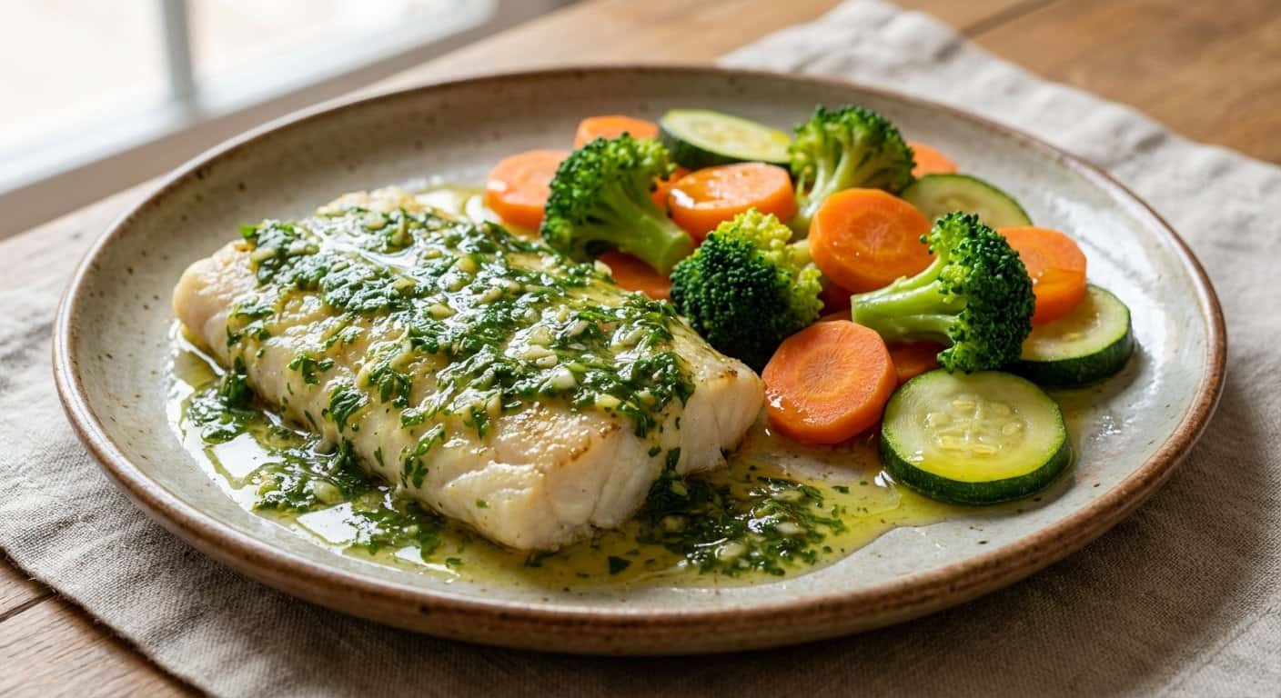 Abadejo a la bilbaína con verduras al vapor