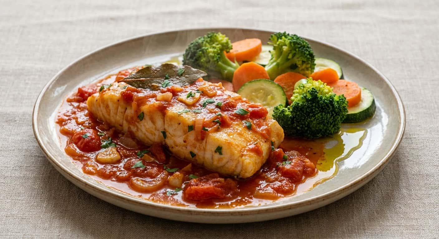 Abadejo a la marinera con verduras al vapor