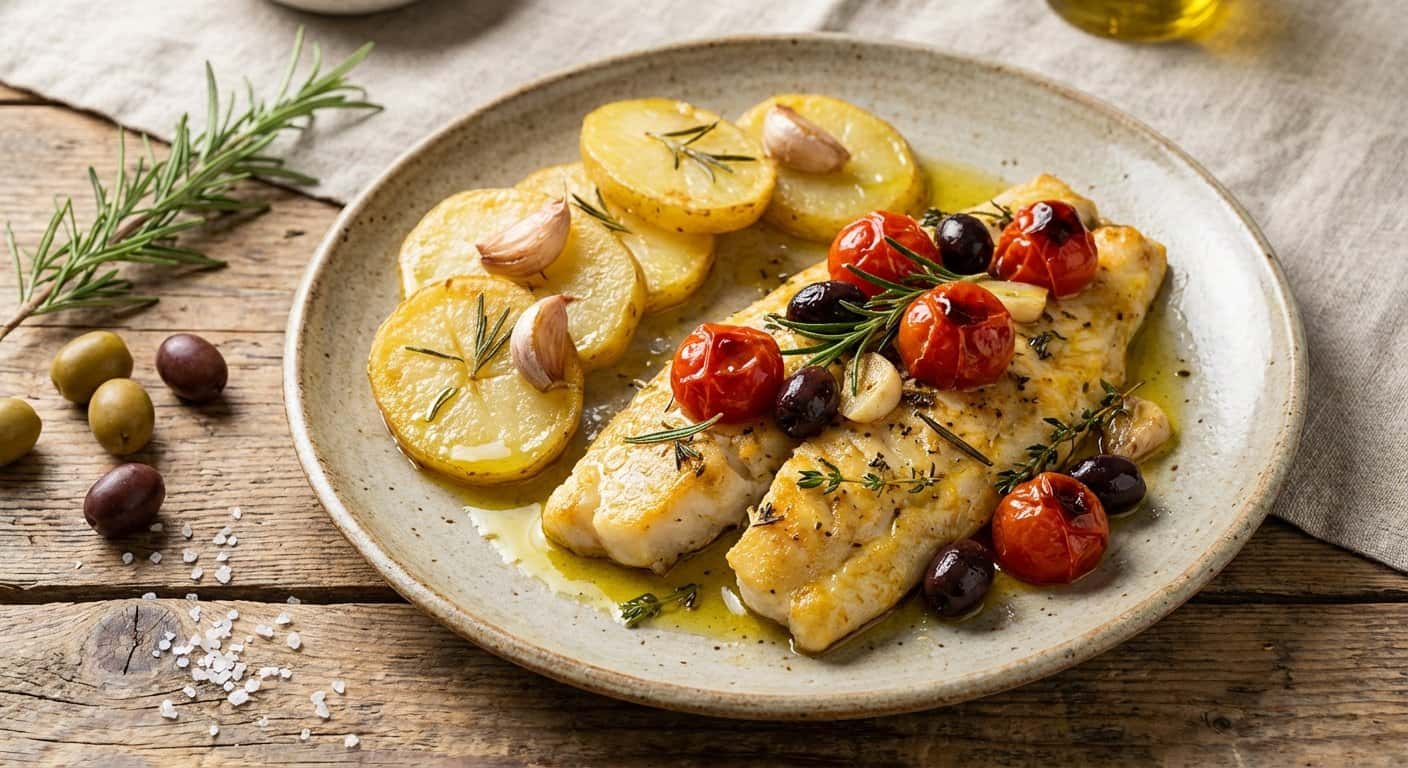 Abadejo al estilo mediterráneo con patatas panadera