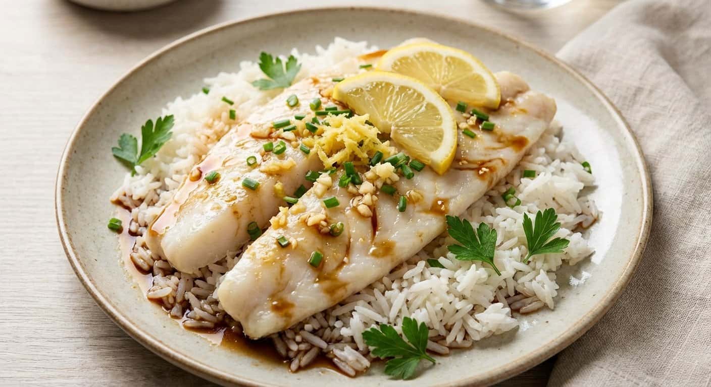 Abadejo al Vapor con Arroz Blanco