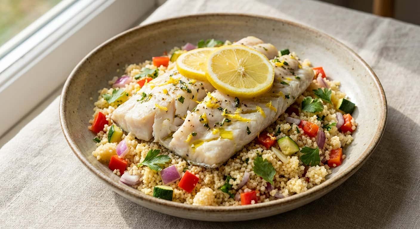 Abadejo al vapor con couscous