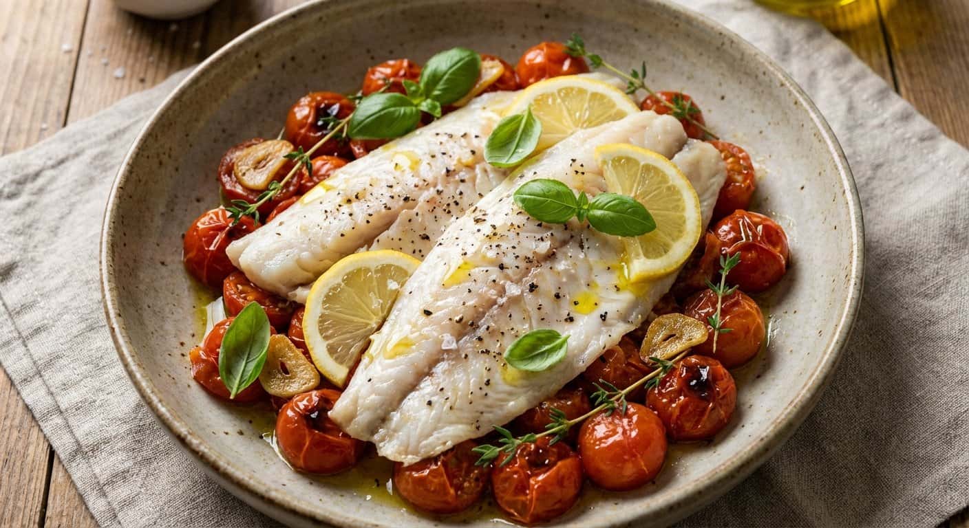 Abadejo al vapor con tomate confitado