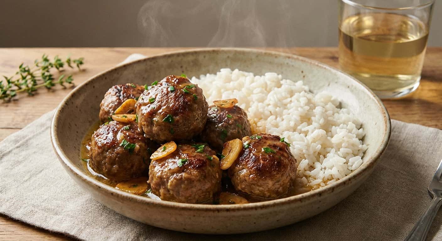 Albóndigas de Cordero al Ajillo con Arroz