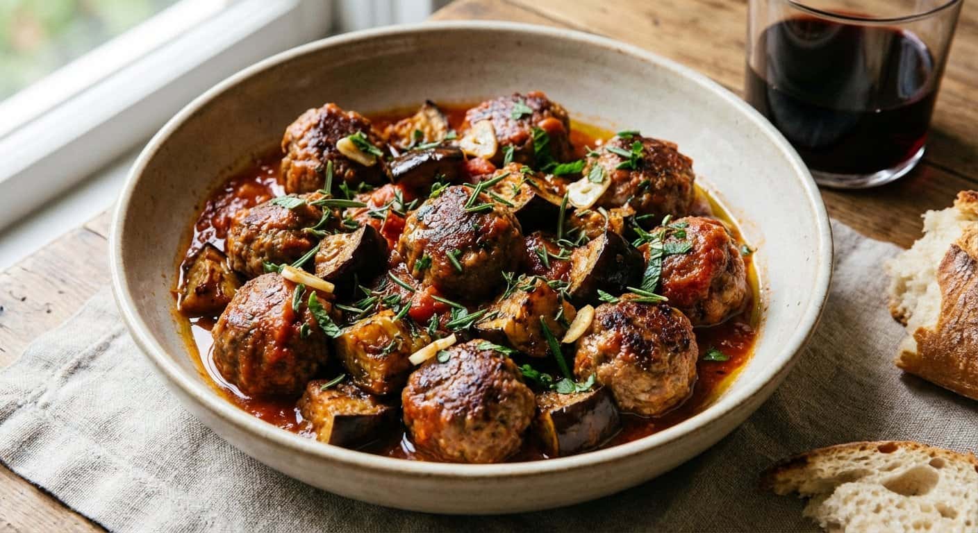 Albóndigas de Cordero con Hierbas y Berenjena
