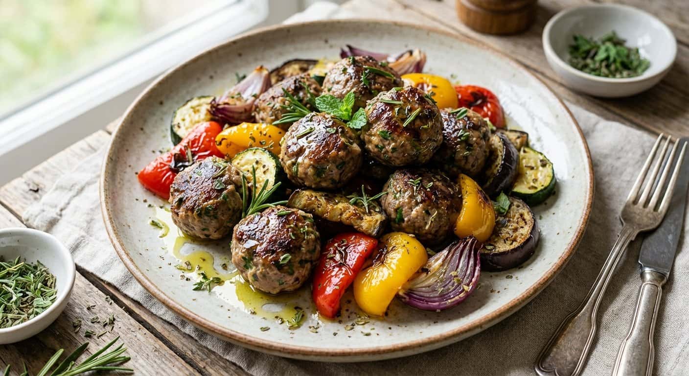 Albóndigas de Cordero con Hierbas y Verduras Asadas