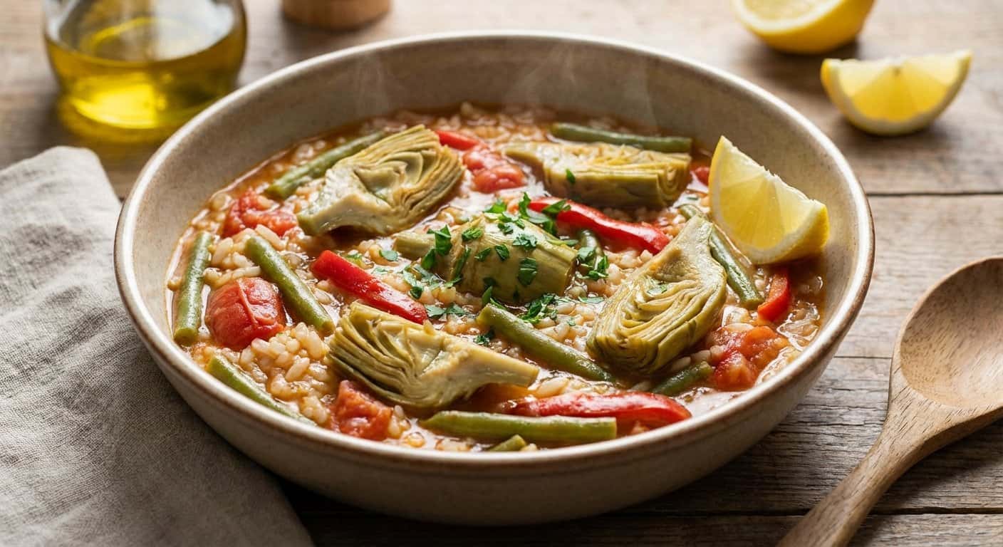 Arroz Caldoso con Alcachofas y Judías