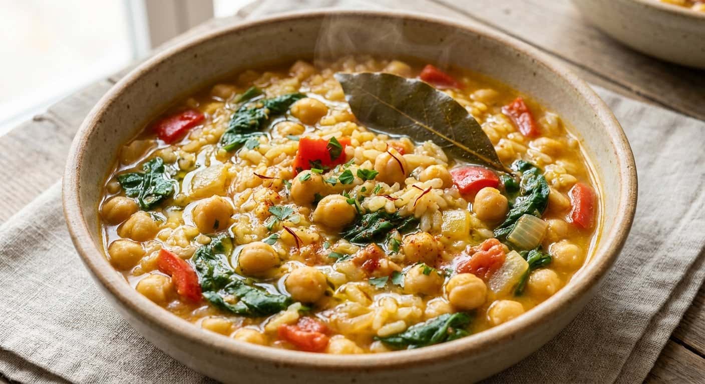 Arroz Caldoso con Garbanzos y Espinacas