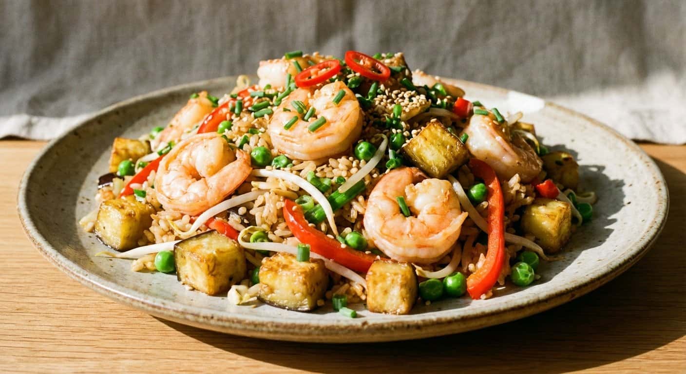 Arroz Frito Fujian con Gambas y Berenjena