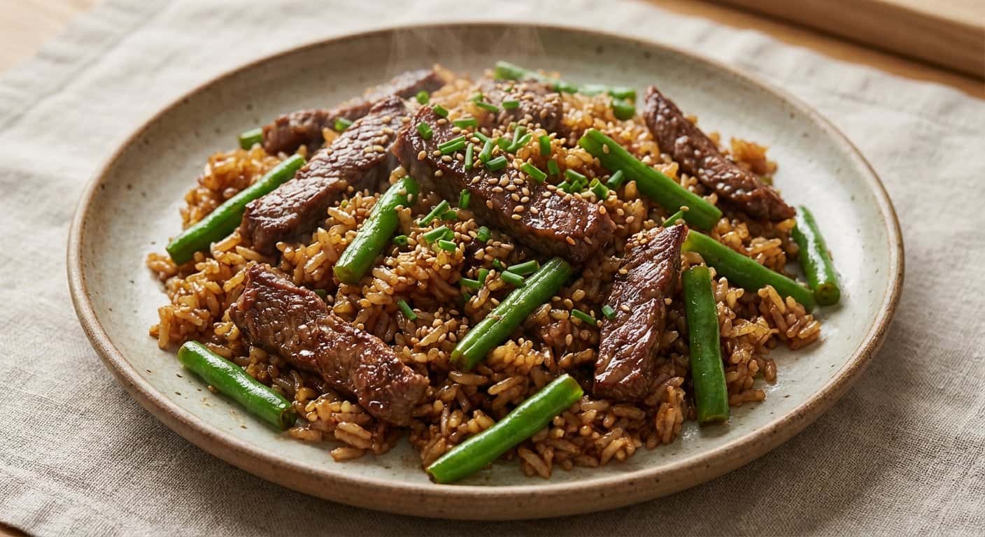 Arroz Frito Shanghainesa con Ternera y Judías Verdes