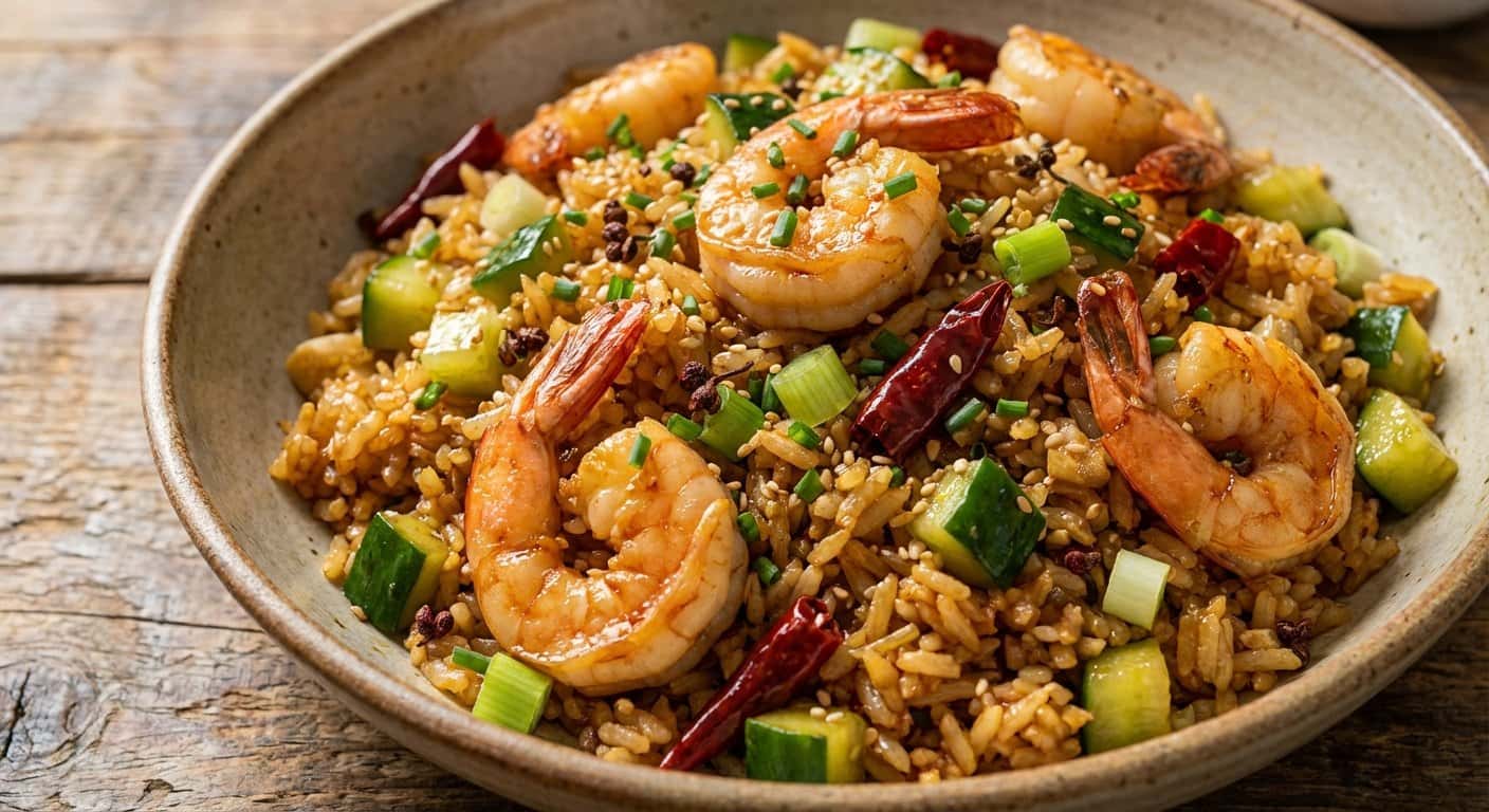 Arroz Frito Sichuan con Gambas y Pepino