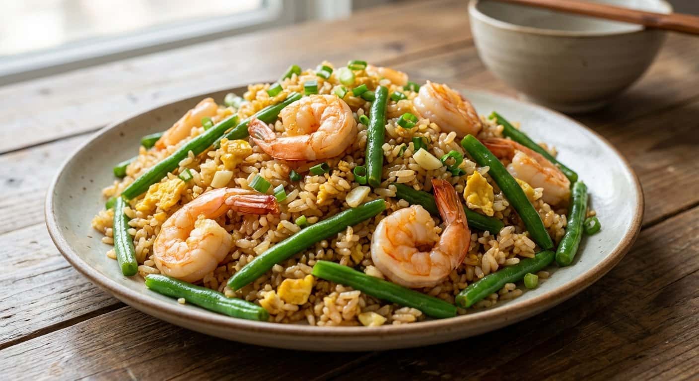 Arroz Frito Taiwanés con Gambas y Judías Verdes