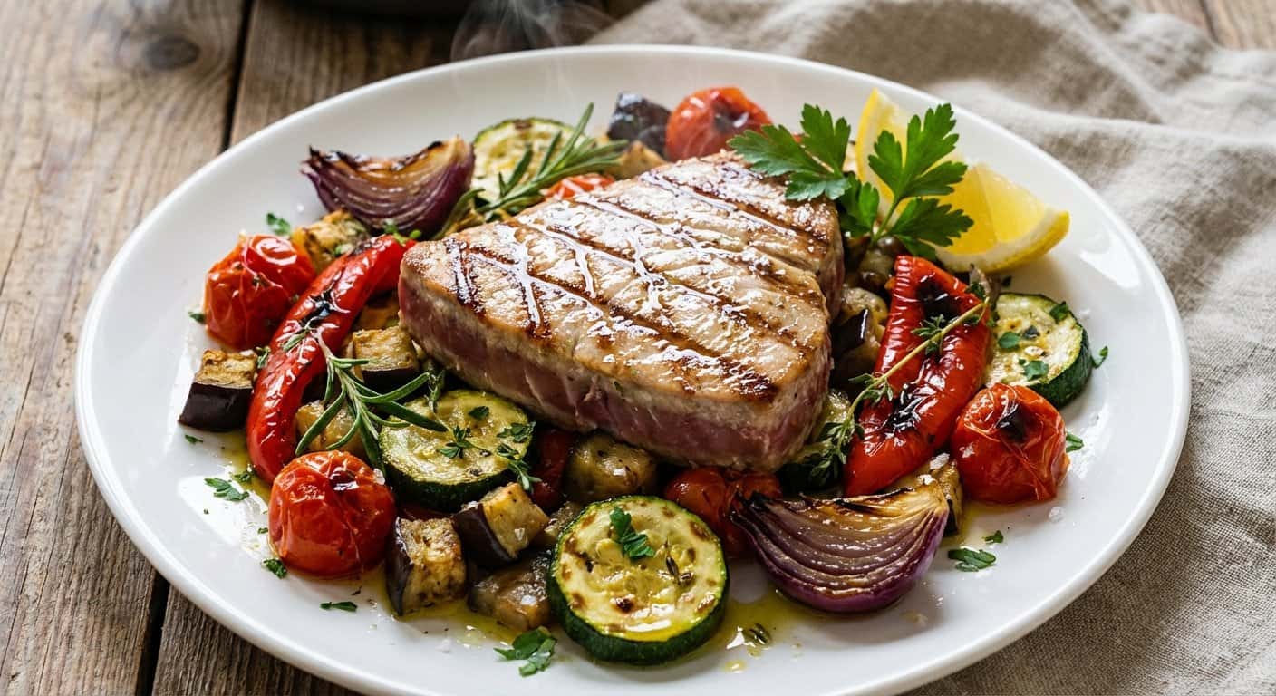Atún a la Parrilla con Verduras Asadas