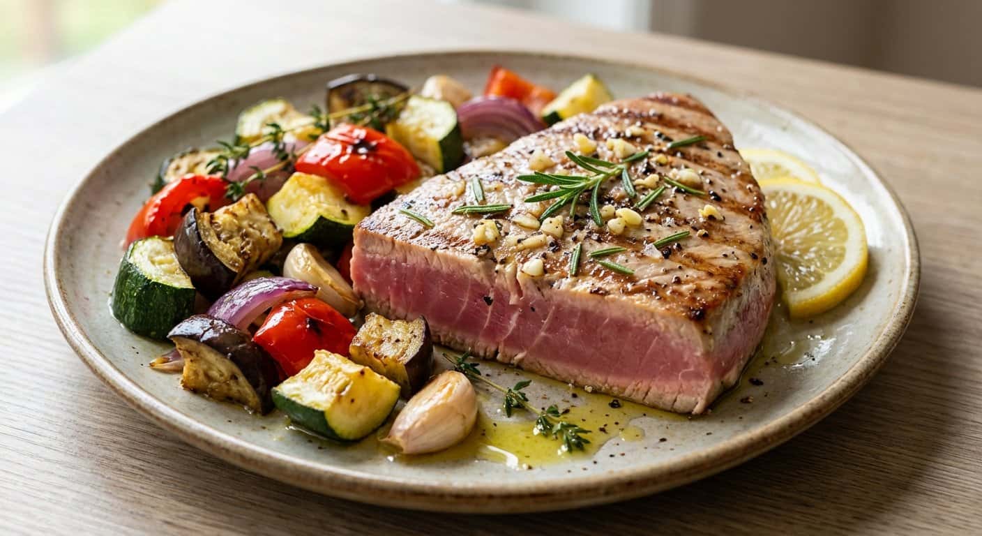 Atún a la plancha con verduras asadas