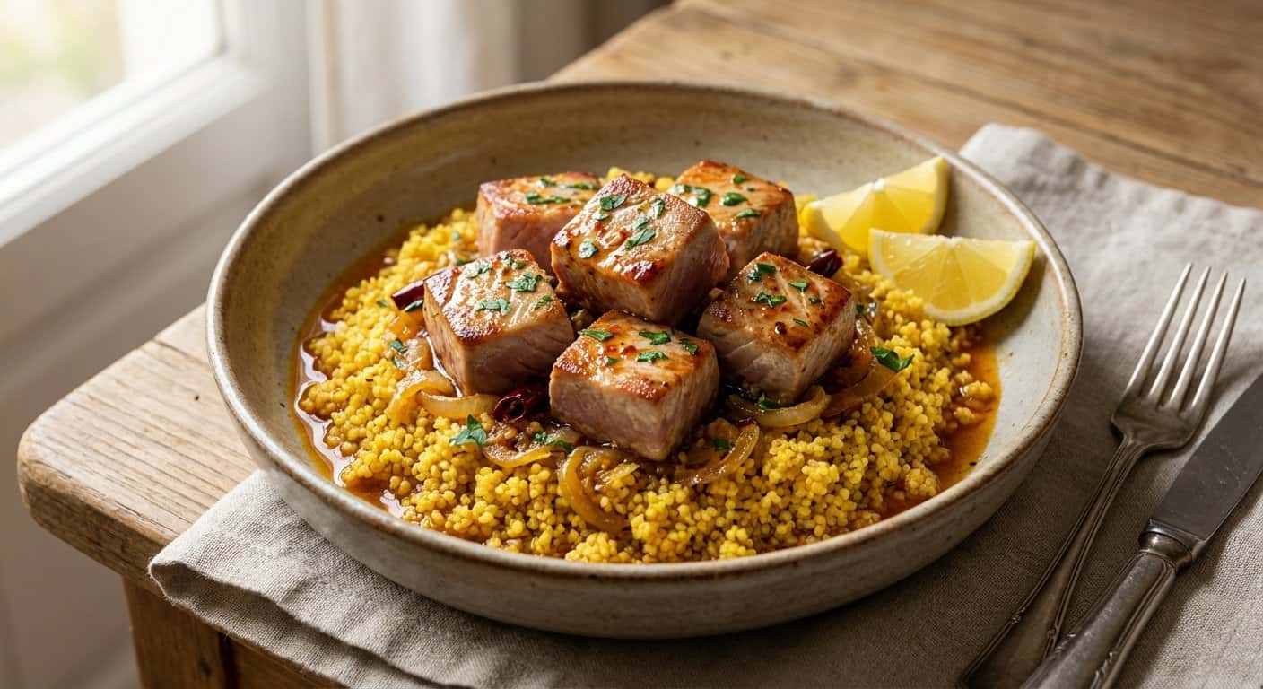 Atún al ajillo con couscous