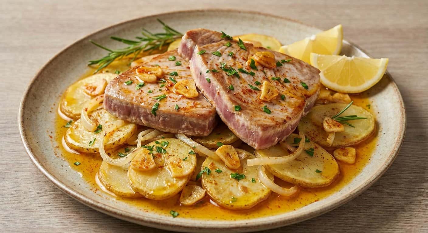 Atún al Ajillo con Patatas Panadera