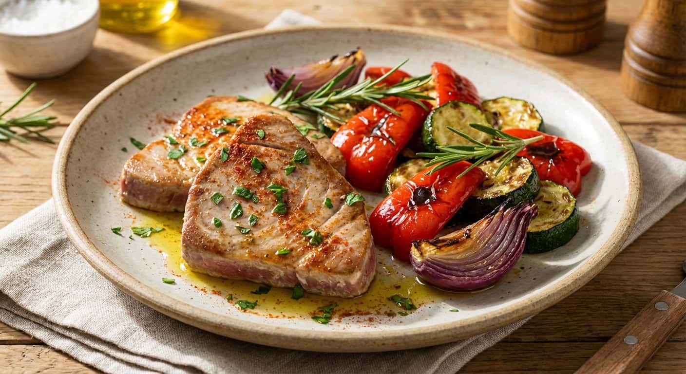 Atún al ajillo con verduras asadas