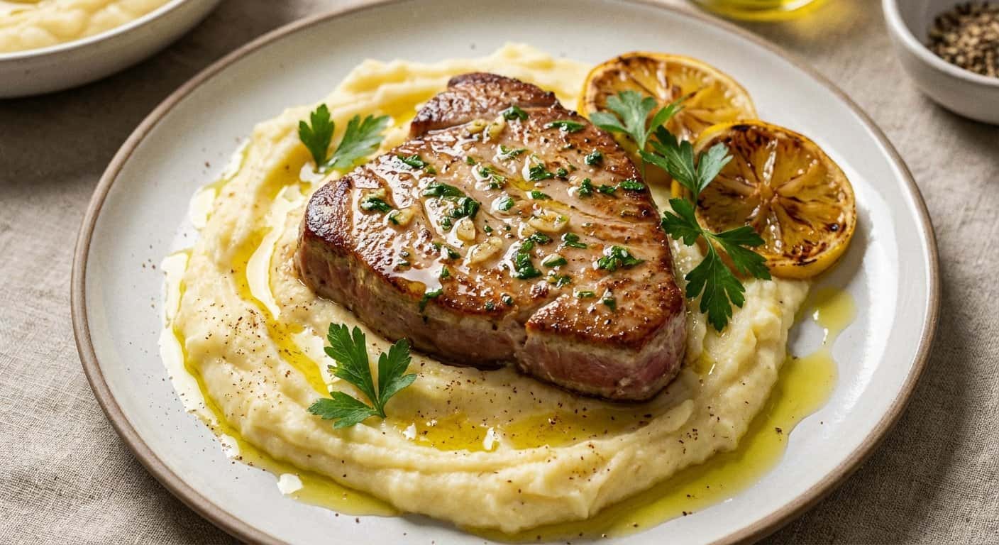 Atún con limón con puré de patata