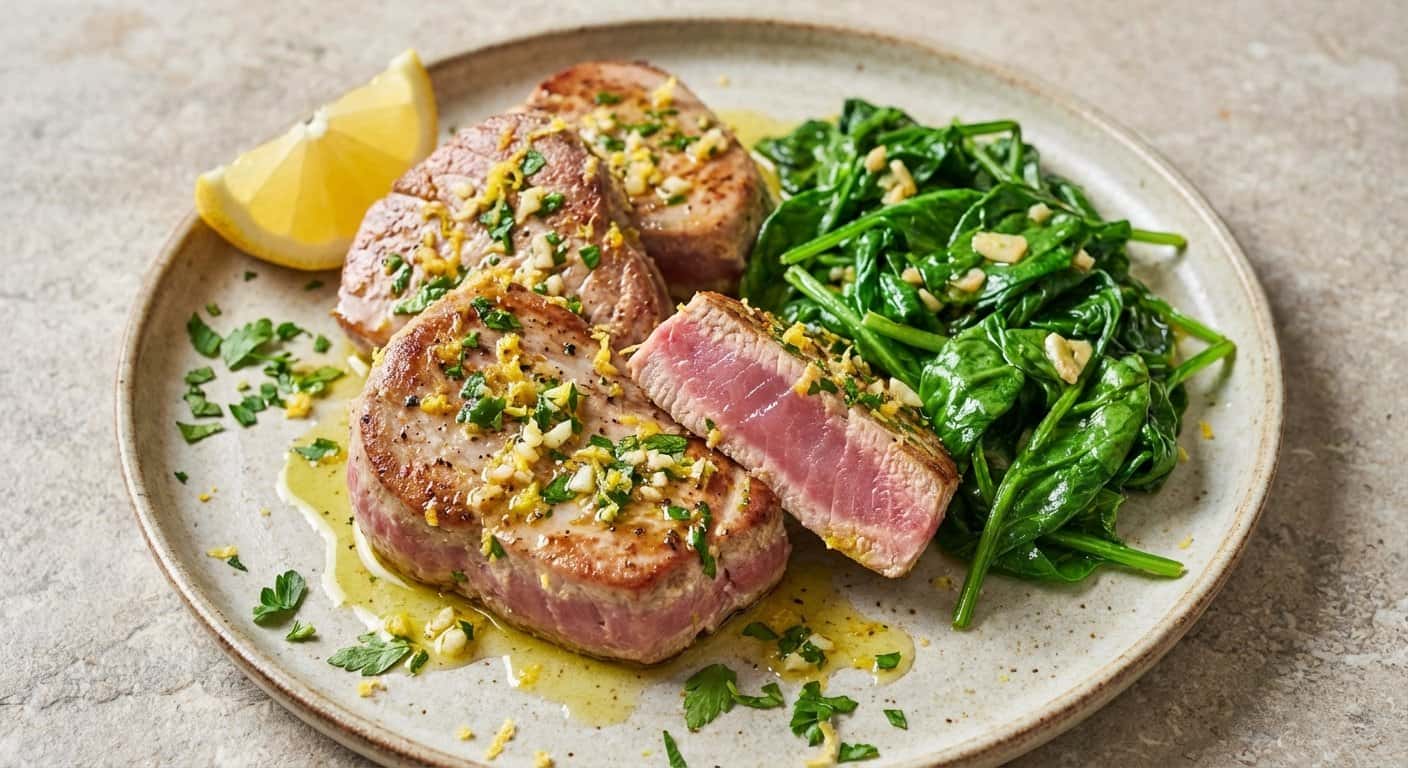 Atún con limón y espinacas salteadas