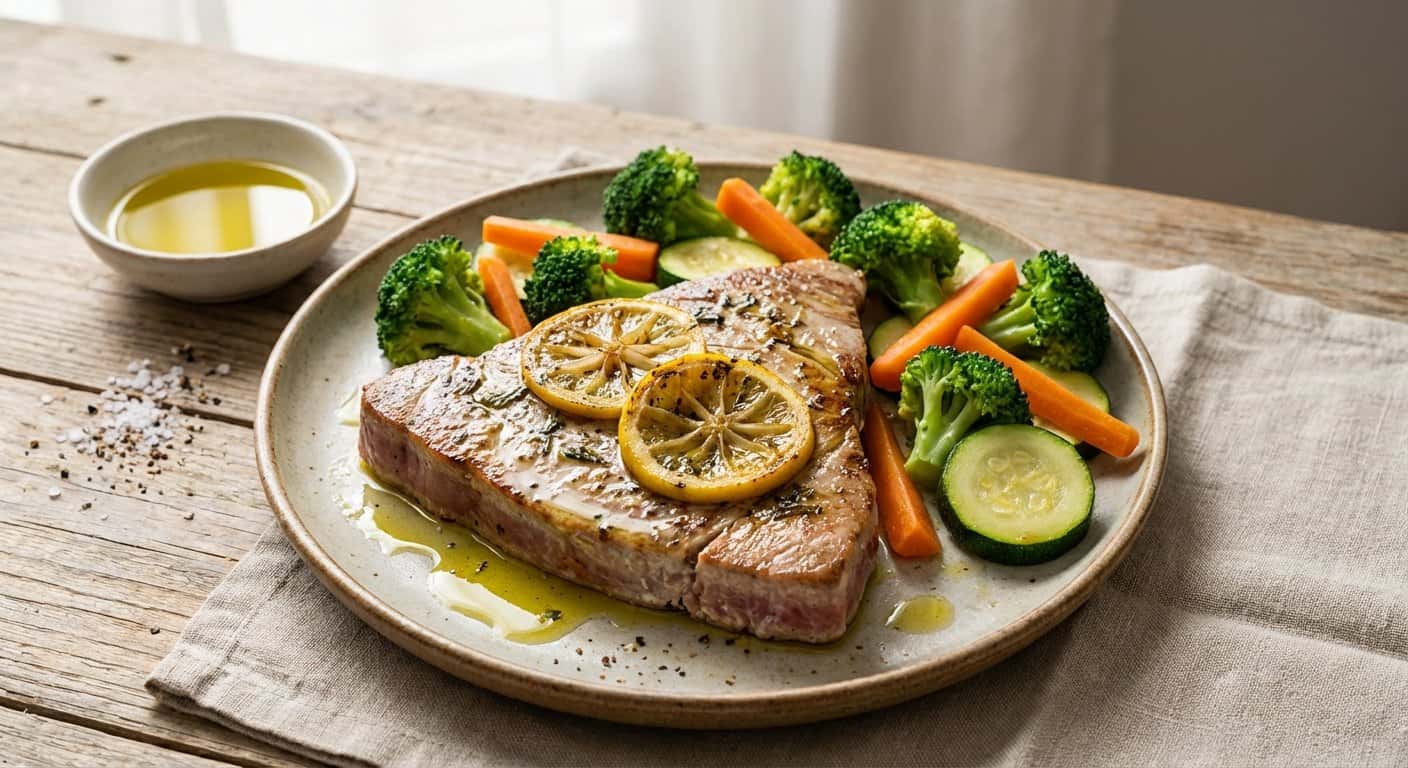 Atún con limón y verduras al vapor