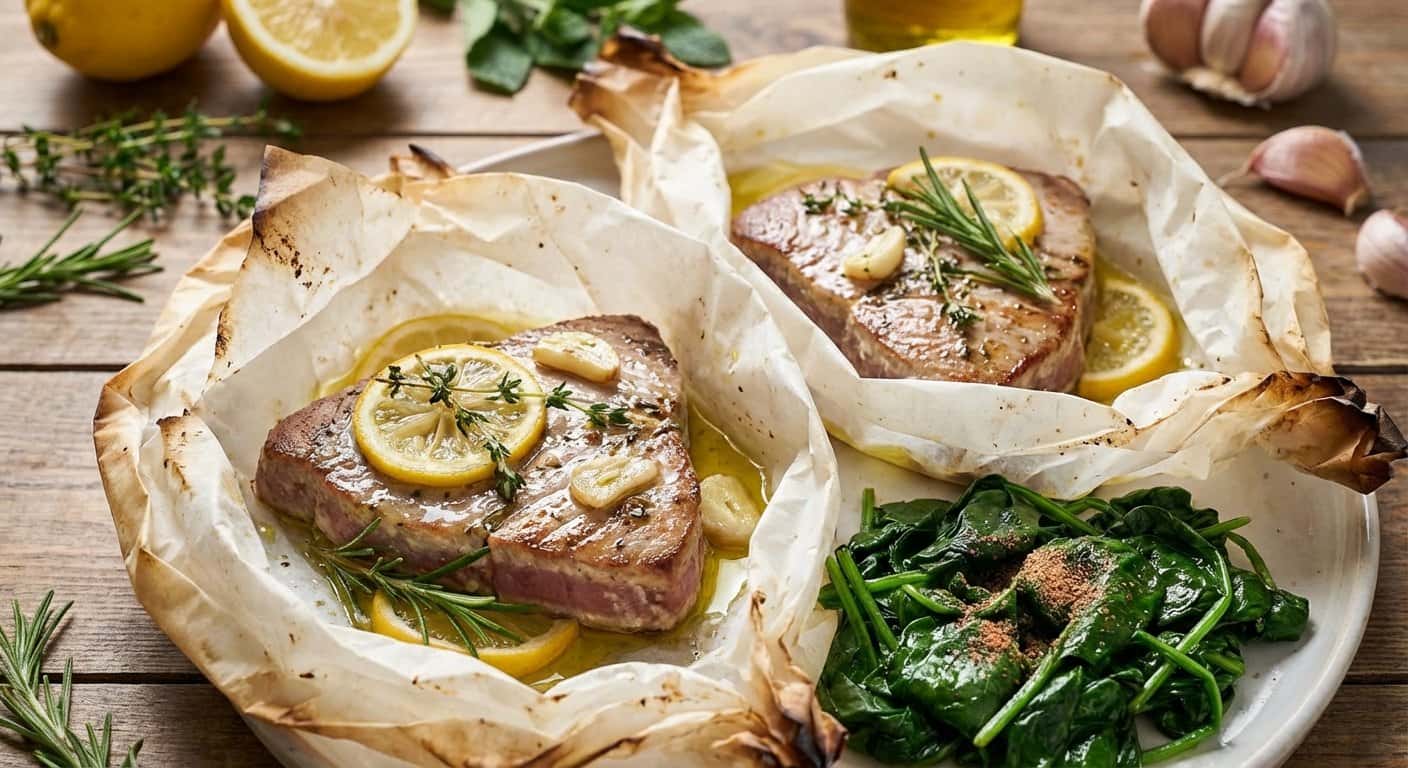 Atún en Papillote con Espinacas Salteadas