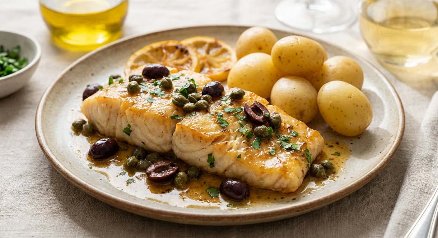 Bacalao a la mantequilla con alcaparras y aceitunas