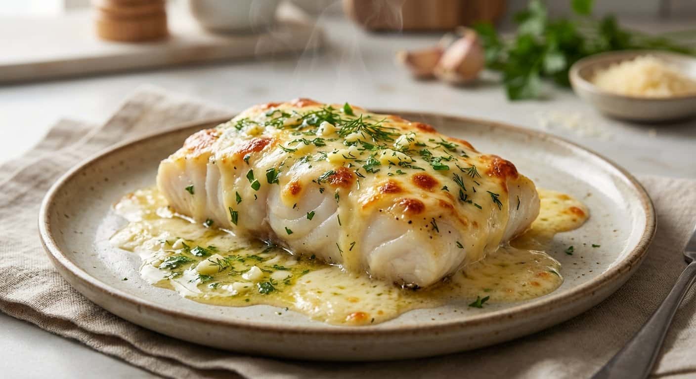 Bacalao con Mantequilla y Hierbas con Salsa de Queso