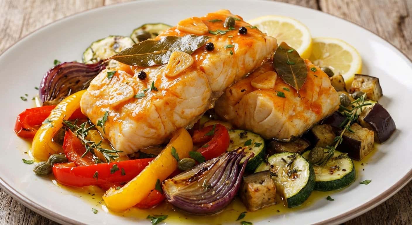 Bacalao en Escabeche con Verduras Asadas