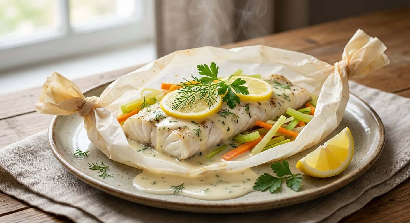 Bacalao en Papillote con Salsa Ligera