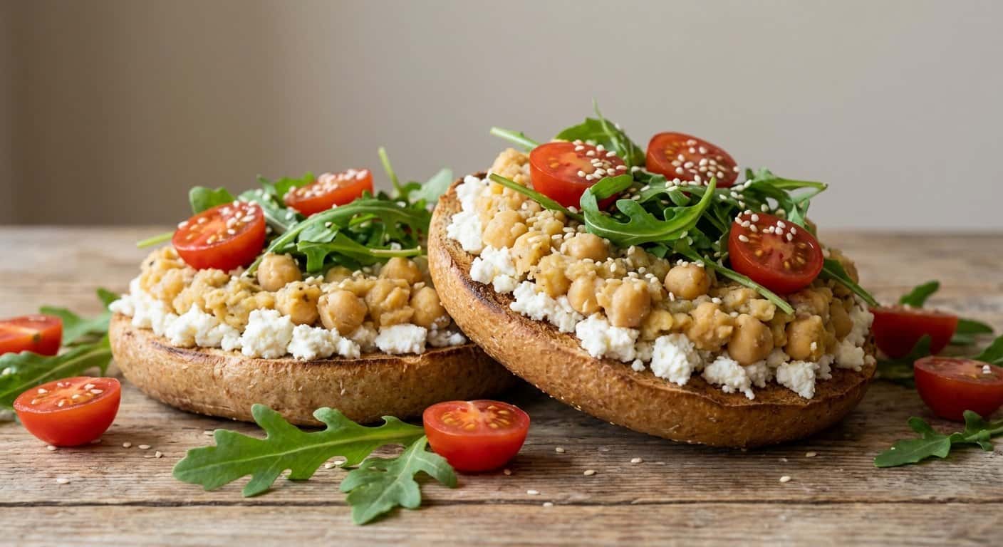 Bagel con queso fresco y garbanzos