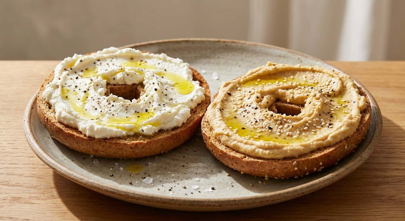 Bagel con Ricotta y Hummus
