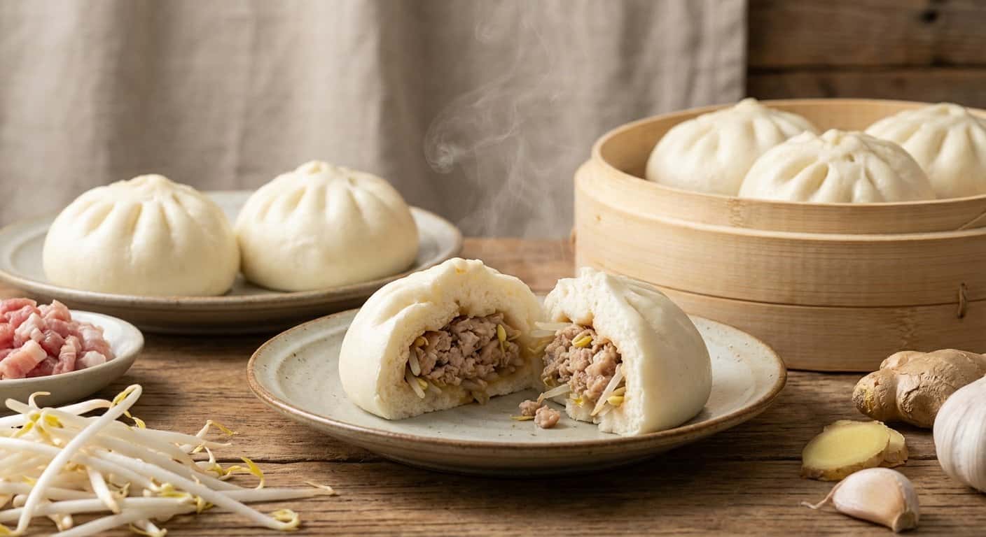 Baozi Fujian rellenos de cerdo y brotes de soja