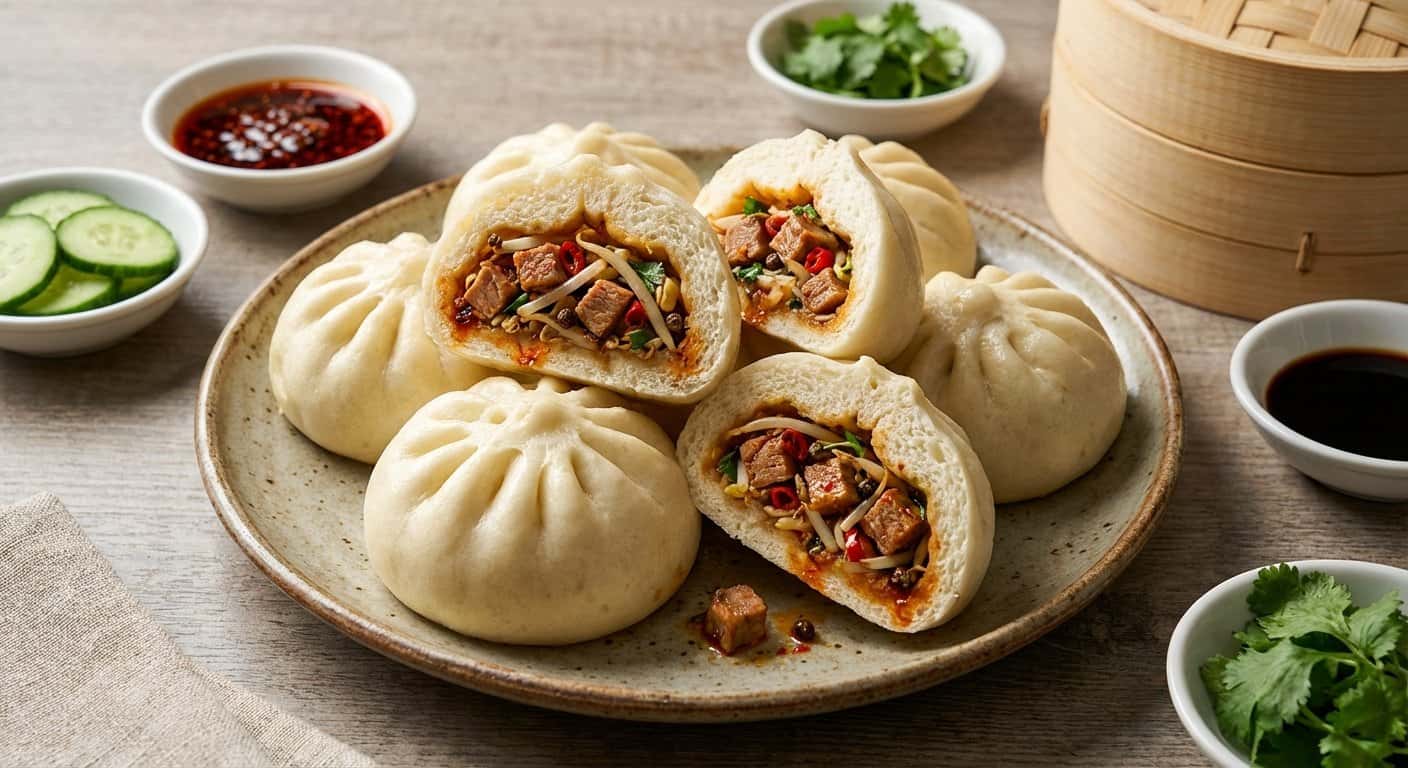 Baozi Sichuan rellenos de pato y brotes de soja