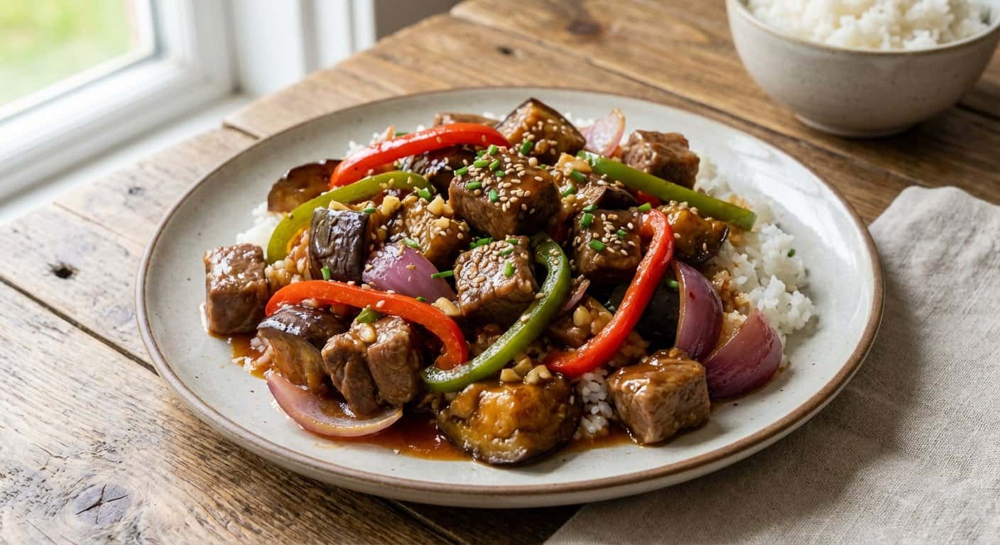 Berenjena Cantonesa con Cordero y Salsa Agridulce