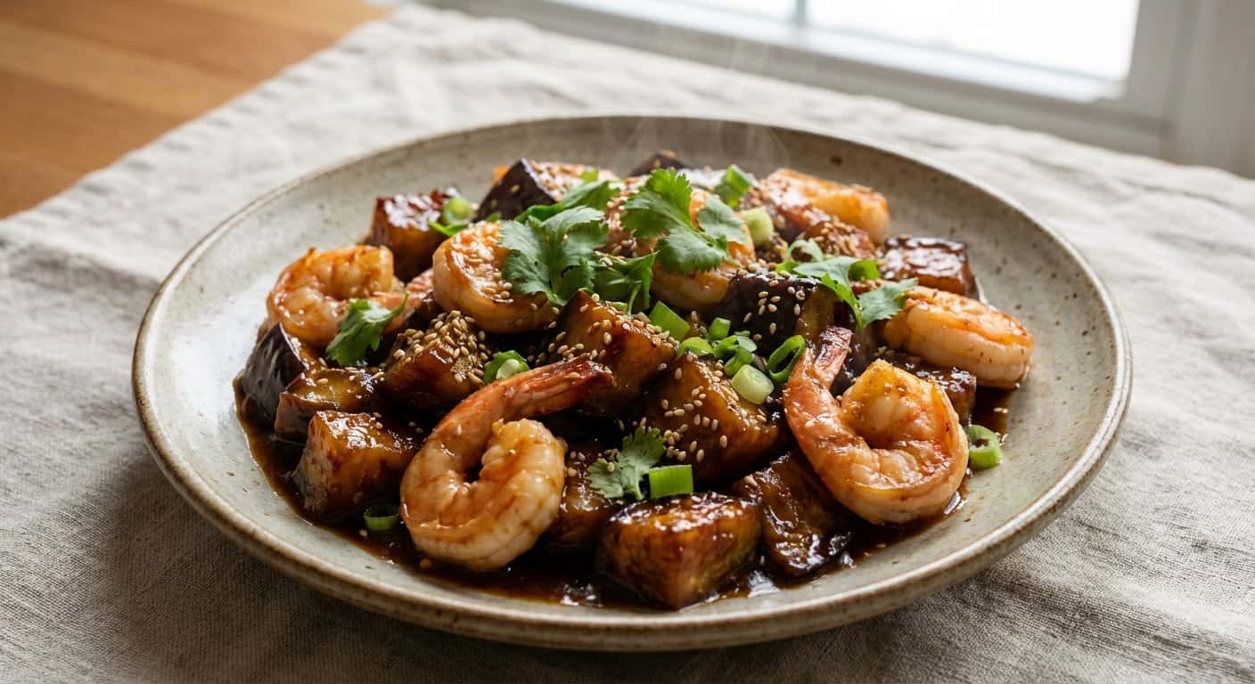 Berenjena Shanghainesa con Gambas y Salsa Hoisin