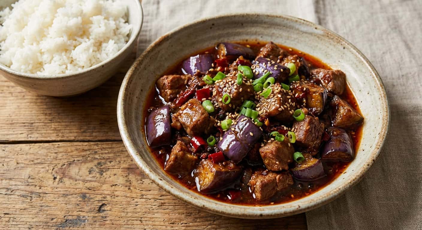 Berenjena Sichuan con cordero y vinagre negro