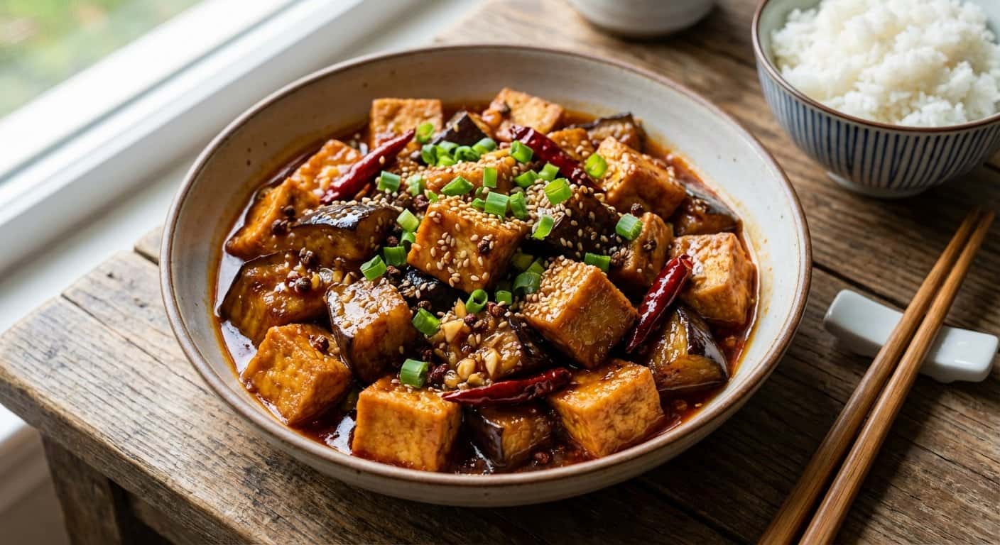 Berenjena Sichuan con Tofu y Salsa Agridulce