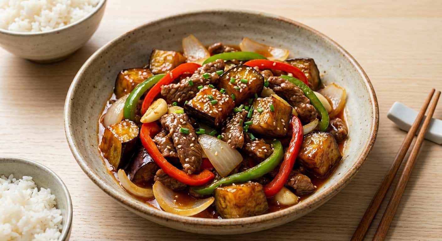 Berenjena Xinjiang con Ternera y Salsa Agridulce