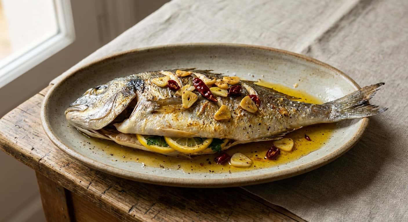 Besugo al horno con refrito de ajos y guindilla