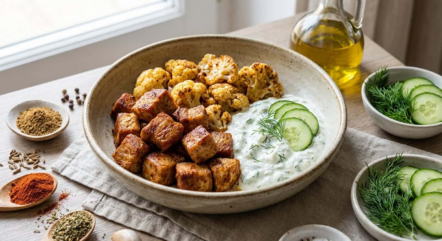 Bocaditos de cerdo con coliflor y tzatziki