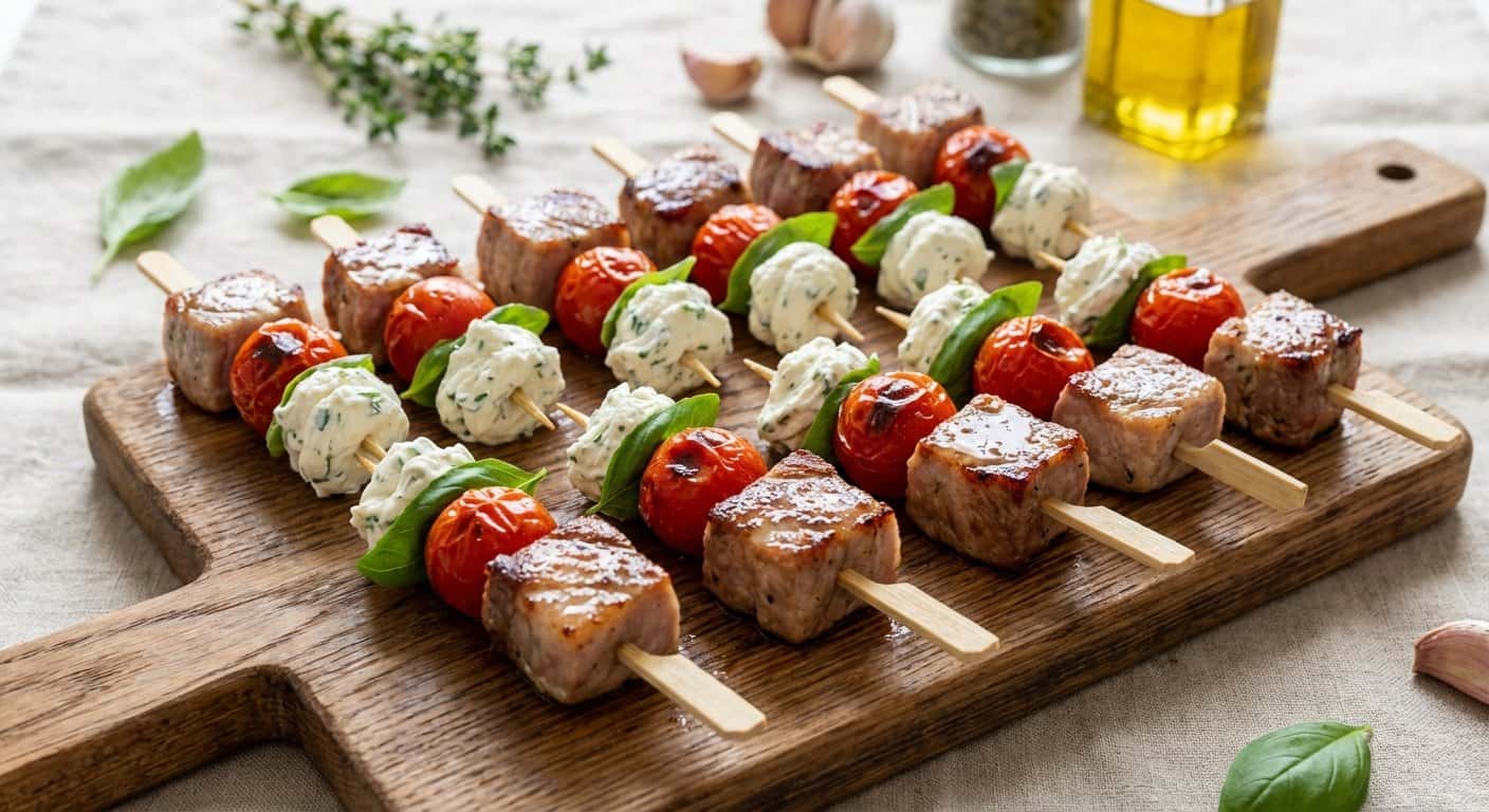 Bocaditos de cerdo con tomate cherry y crema de queso fresco