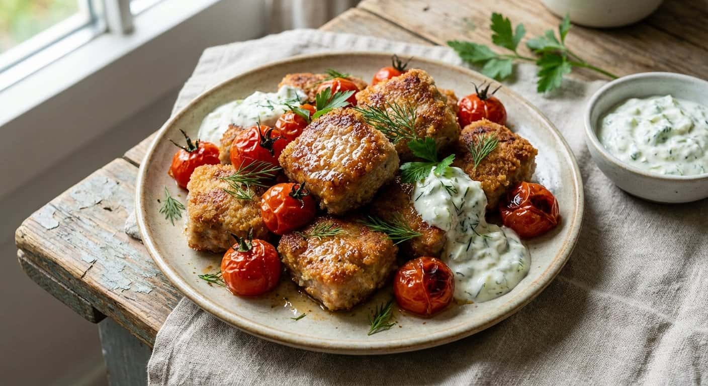Bocaditos de cerdo con tomate cherry y tzatziki