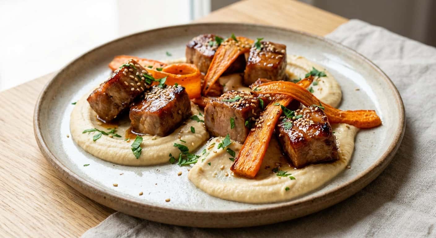 Bocaditos de Cerdo con Zanahoria y Hummus Suave