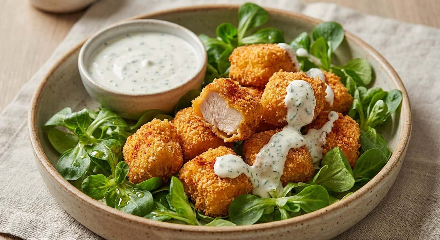 Bocaditos de Pollo con Canónigos y Crema de Queso Fresco