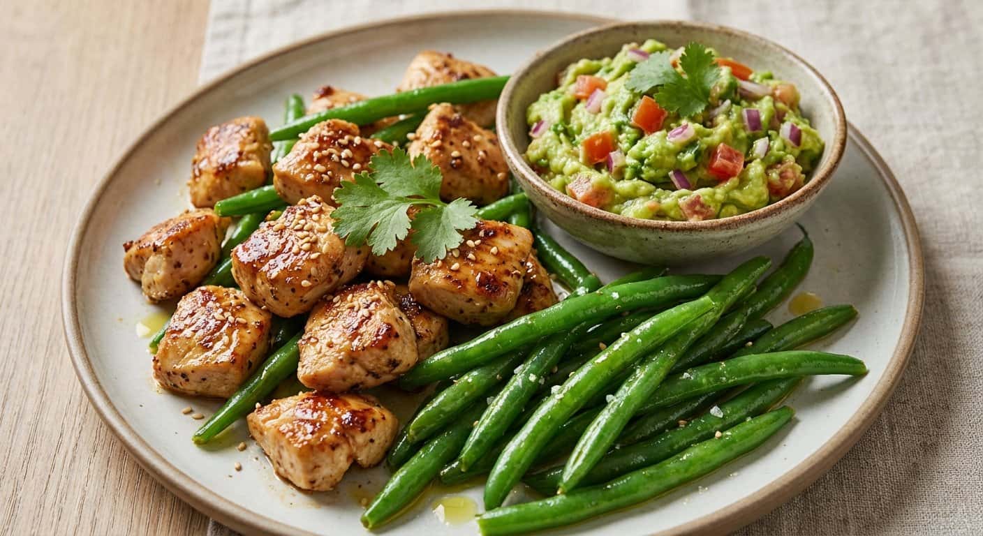 Bocaditos de Pollo con Judías Verdes y Guacamole Ligero