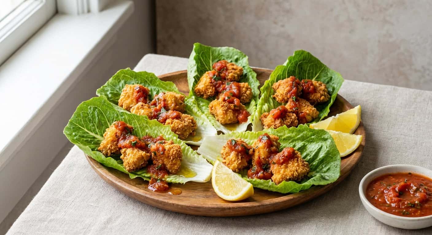 Bocaditos de Pollo con Lechuga Romana y Salsa de Tomate