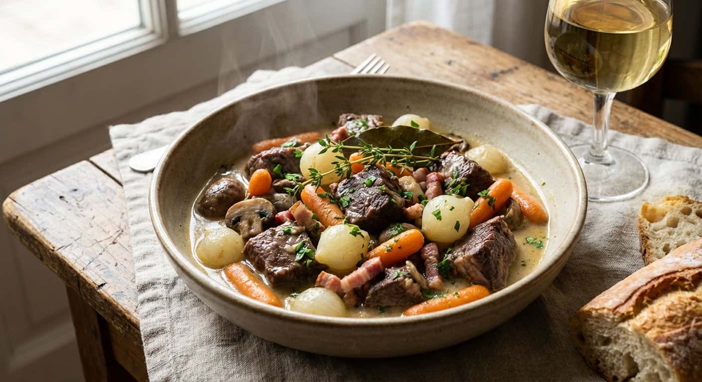 Boeuf Bourguignon Alsaciano con Vino Blanco