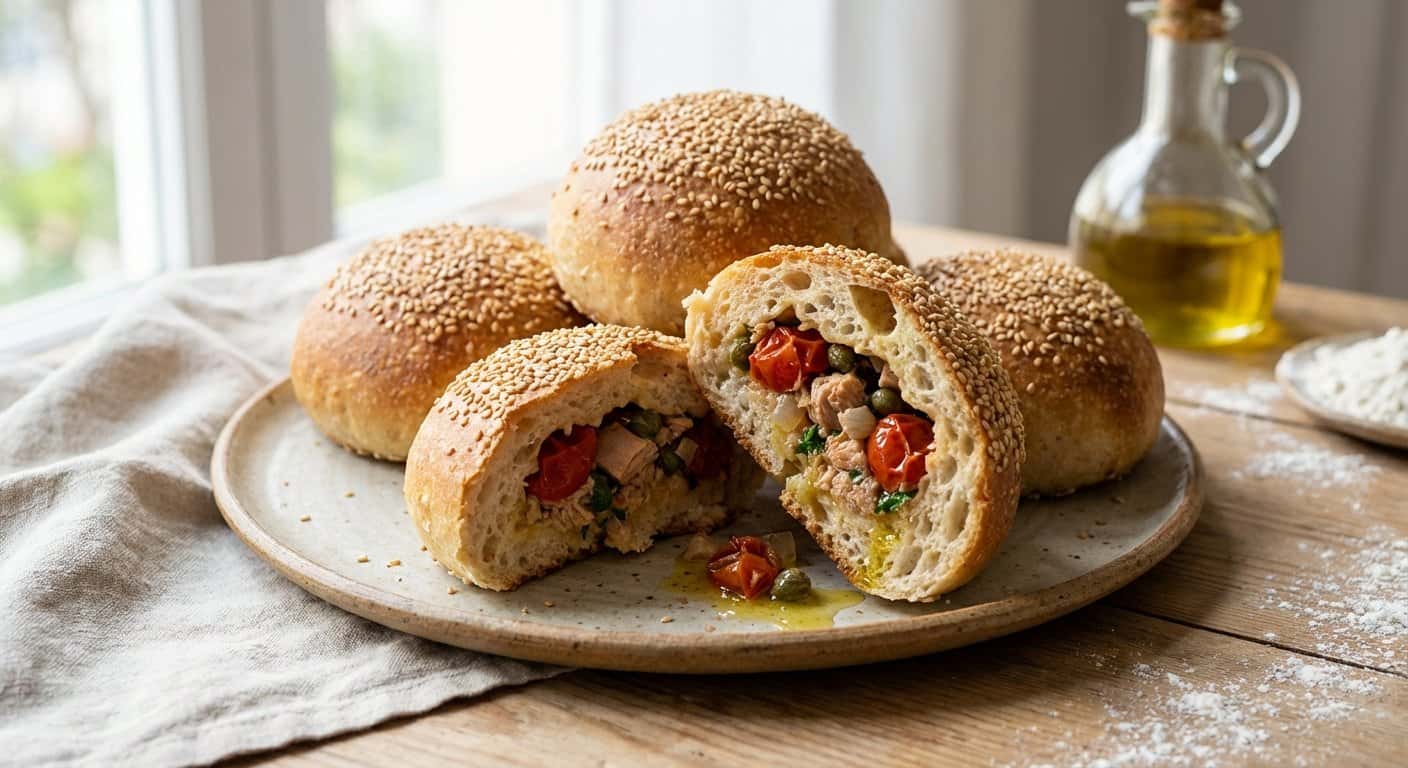 Bollos de Fermentación Larga Rellenos de Atún y Tomate