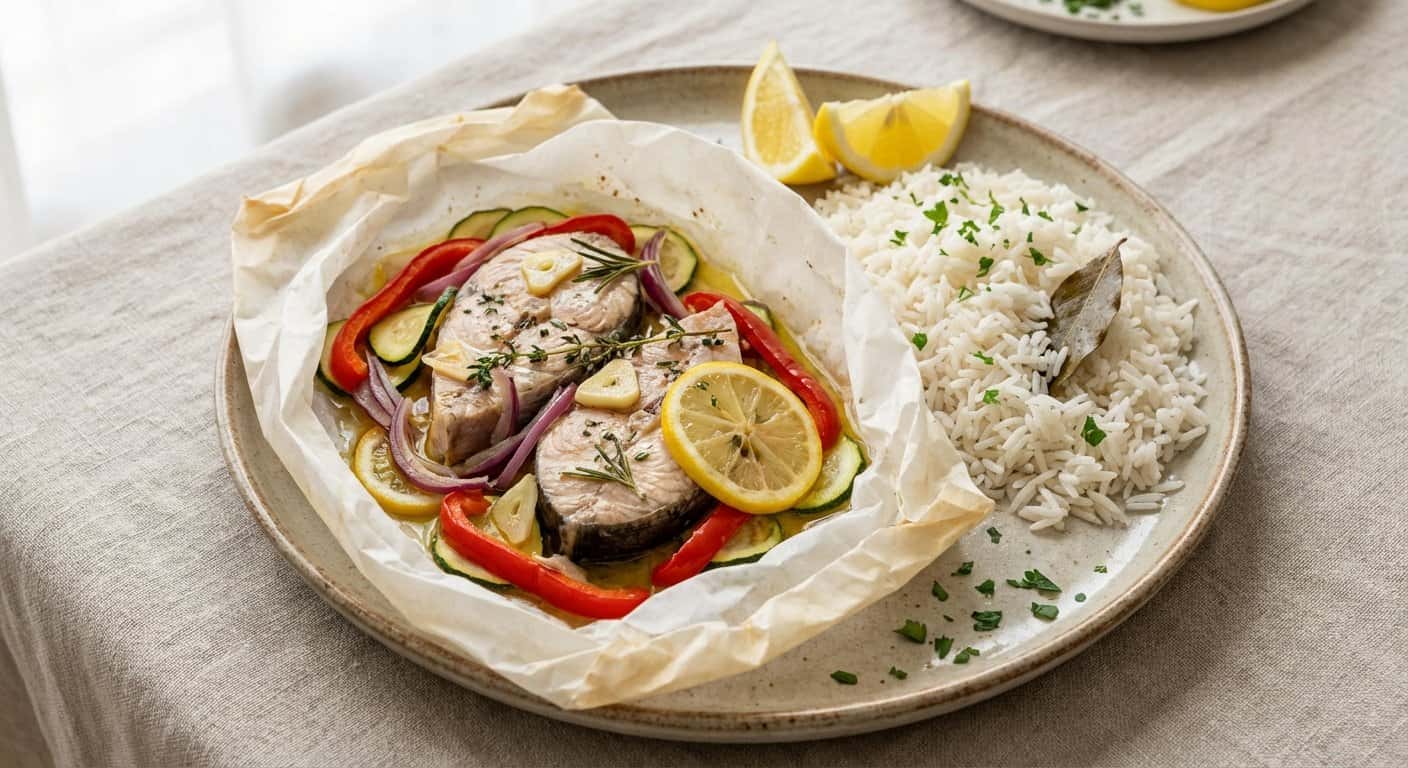 Bonito en Papillote con Arroz Blanco