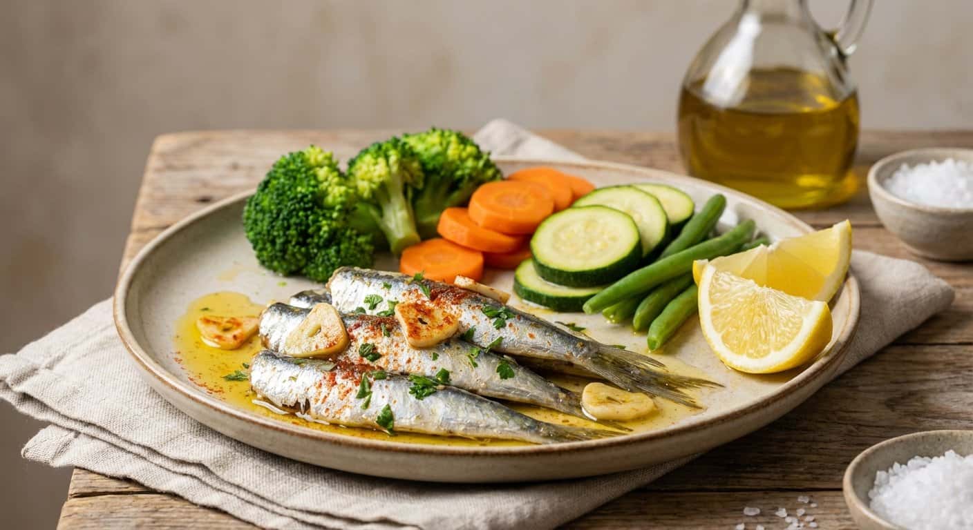 Boquerones al Ajillo con Verduras al Vapor