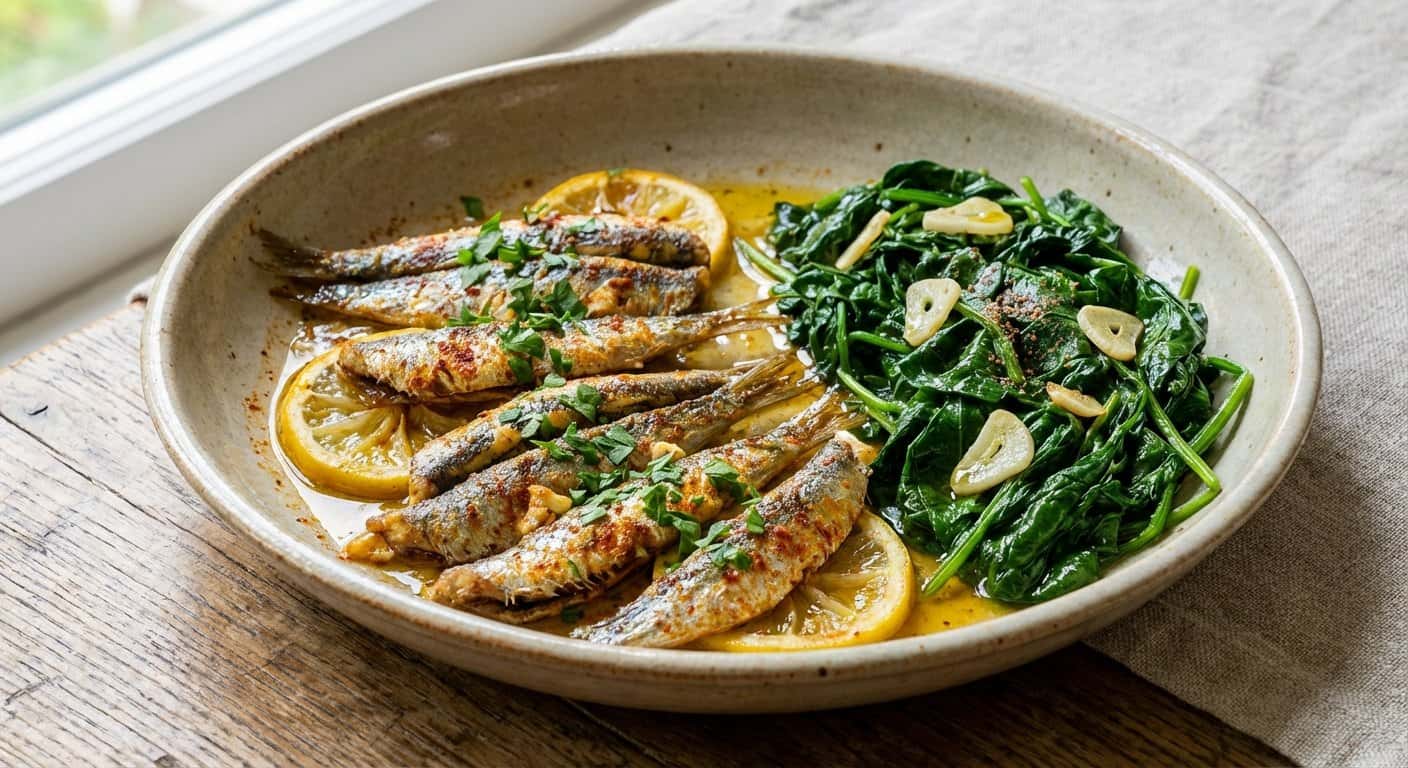 Boquerones al Horno con Espinacas Salteadas